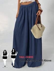 SHEIN Tall CURVE 大尺碼女款純色彈性腰休閒波希米亞風正式度假百搭日常長褲 海灘度假 海軍藍 秋季 - 藏蓝色 - 查看 3