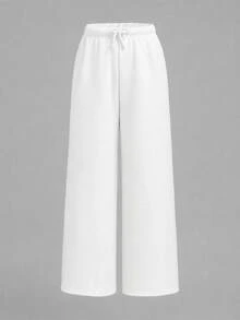 SHEIN Tween Girl Tween Girls Autumn And Winter Plus Velvet Thickened Simple Drawstring Loose Sports Straight Pants - White - View 7