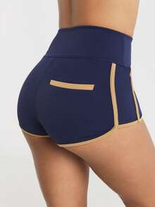 11SKNDS High Waist Booty Shorts With Contrast Gold Trim Piping And Back Pocket, Compression Fit Mini Short For Running Yoga Festival, Training & Hy-Rox - Blue - View 2