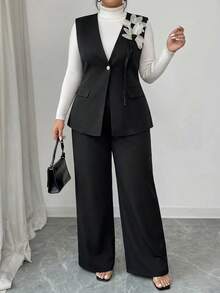 Modelyn Plus Size Women's 3D Floral Decor Vest And Pants Elegant Suit Set - Black - View 1