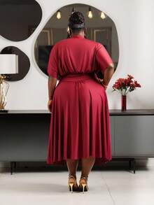 CurvyTilda Plus Size Comfortable Casual Elegant Vacation Minimalist Versatile Daily Wear Waist Ruched Stand Collar Elastic Flared Hem Dress For Women, Spring/Summer - Burgundy - View 5