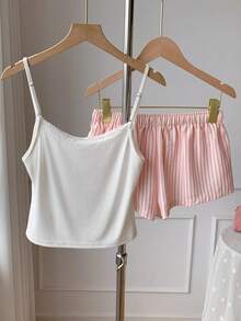 Comfortcana Conjunto de dos piezas casual para uso diario de mujer con top de tirantes y shorts con patchwork de encaje y estampado de dibujos animados - Rosa - Ver 2