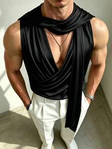 Manfinity Dauomo 男士純色舒適皺褶百搭背心，適合日常穿著 - 黑色 - 查看 4