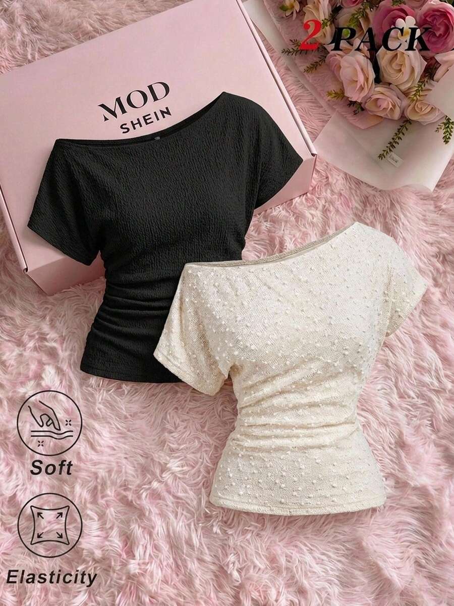 SHEIN MOD 女款純色不對稱肩抓皺休閒百搭日常T恤 - 彩色 - 查看 1