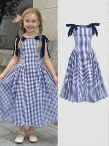 SHEIN LMoss Kids 女童休閒優雅時尚日常百搭紅白格紋圓領可拆式蝴蝶結無袖洋裝 - 藍色 - 查看 6
