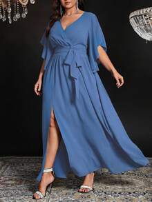 Auvina Plus Size Women V-Neck Flare Short Sleeve Tie Waist Ruffle Slit Elegant Party Maxi Dress - Dusty Blue - View 5