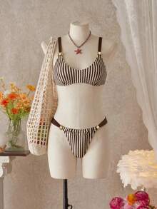 Bonvoyette Ladies Beach Striped Knitted Jacquard Metal Jewelry Beautiful Back Fashionable Sexy Bikini Set - Multicolor - View 7