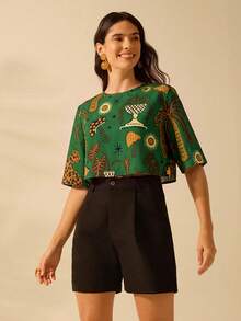 CAJUNI Women's Boho Tropical Animal & Plant Colorful Print, Vacation Casual Summer Crop Top - Dark Green - View 3