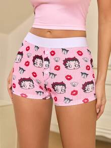 Betty Boop x SHEIN Women's Elastic Waist Cartoon Print Boxer Briefs - Red and White - View 4
