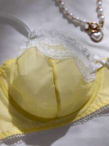 Eraneu 2pcs Bright Yellow Semi-Sheer Underwire Lace Patchwork Lingerie Set For Women - Yellow - View 8