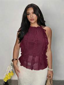 Firerie Plus Size Women's Summer Elegant Solid Color Ruffle Backless Halter Neck Top Vacation Burgundy - Purple - View 2