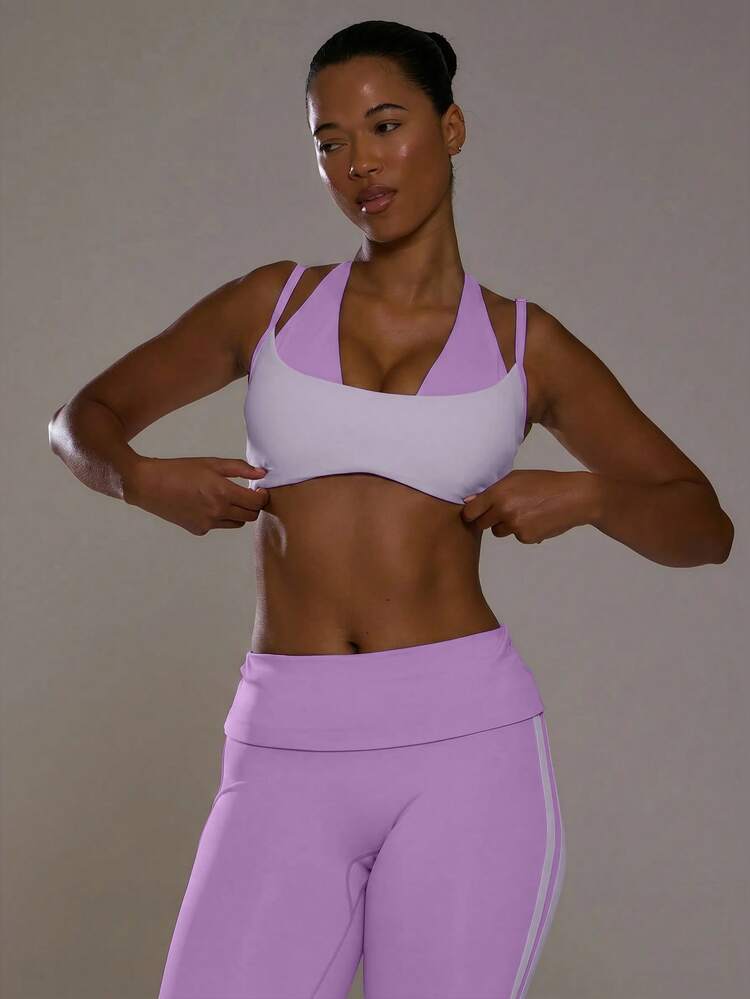 Musera Sport Contrast Layered Halterneck Sports Bra Sports Workout Gym Girly Pilates Fitness Daily Casual Cherry On Top - Purple - View 1