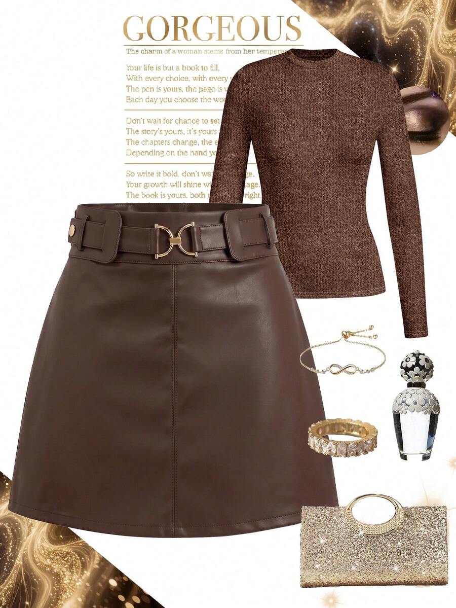 SHEIN Clasi Women's PU Leather Fashion Versatile Daily Casual Mini Skirt - Chocolate Brown - View 1