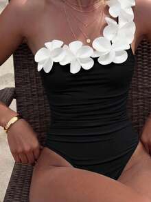 Bonvoyette New Women's One-Piece Swimsuit With 3D Floral Design In White, Spring/Summer Style, Elegant Noble Romantic, Suitable For Vacation Travel, Casual Beach, Pool Photography, Party Date - Multicolor - View 1
