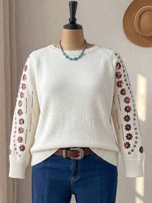 Rusticease Plus Size Women's Floral Sequin Raglan Long Sleeve Pullover Sweater Winter - Apricot - View 3