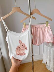Comfortcana Conjunto de dos piezas casual para uso diario de mujer con top de tirantes y shorts con patchwork de encaje y estampado de dibujos animados - Rosa - Ver 5