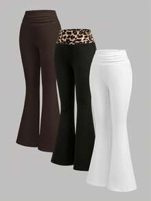 Girlism Tween Girl Tween Girls 3pcs Spring/Summer New Fashion Casual Brown & White Leopard Print Waistband Solid Color Patchwork Leopard Print Flare Leggings Set, Elastic Waistband, Fitness Sports Flare Leggings, American Retro Versatile - Brown - View 5