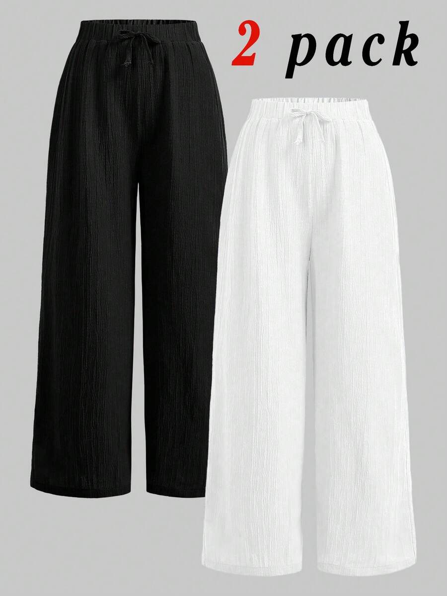 Girlism 青少年女孩休閒梭織紋理蝴蝶結寬鬆寬腿長褲 2件套,休閒度假風 - 黑與白 - 查看 1