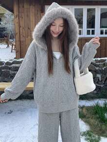 Dazy Tall Women's Fur Collar Patchwork Jacket And Loose Long Pants Casual 2 Pieces Set - Light Grey - View 6