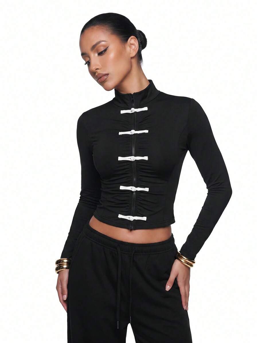 SHEIN ICON Chaqueta ligera de mujer con diseño de botones de rana, manga larga y cremallera delantera - Blanco y Negro - Ver 1