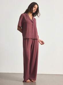 Ocili Conjunto de pijama de mujer cómodo y suave con solapa, manga corta y pantalones largos - Burdeos - Ver 5