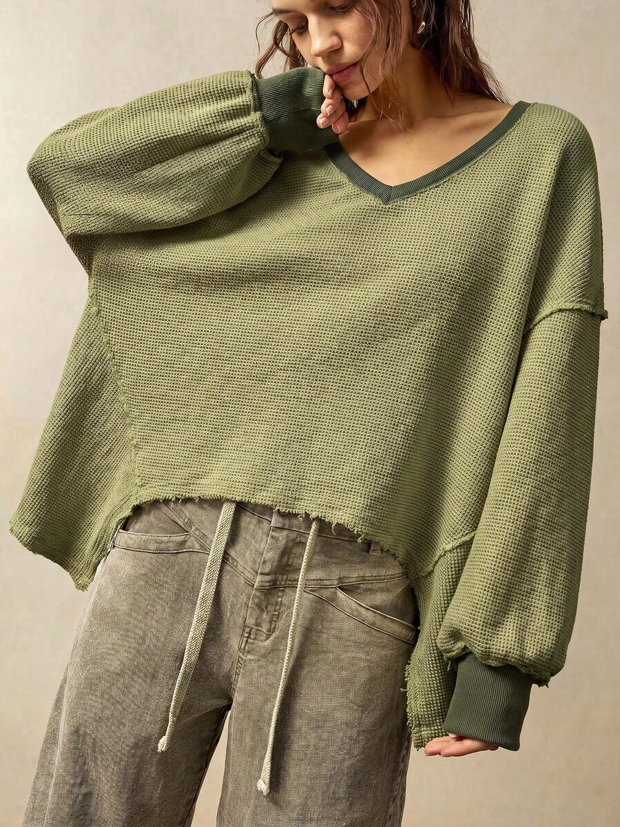Bohemela 女款休閒純色V領長袖寬鬆水洗上衣 - 軍綠色 - 查看 1