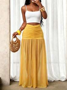 VaVaBold Women's Solid Color Ruched High Waist Mesh Skirt For Vacation Beach Pastel Yellow Summer Sexy - Yellow - View 2