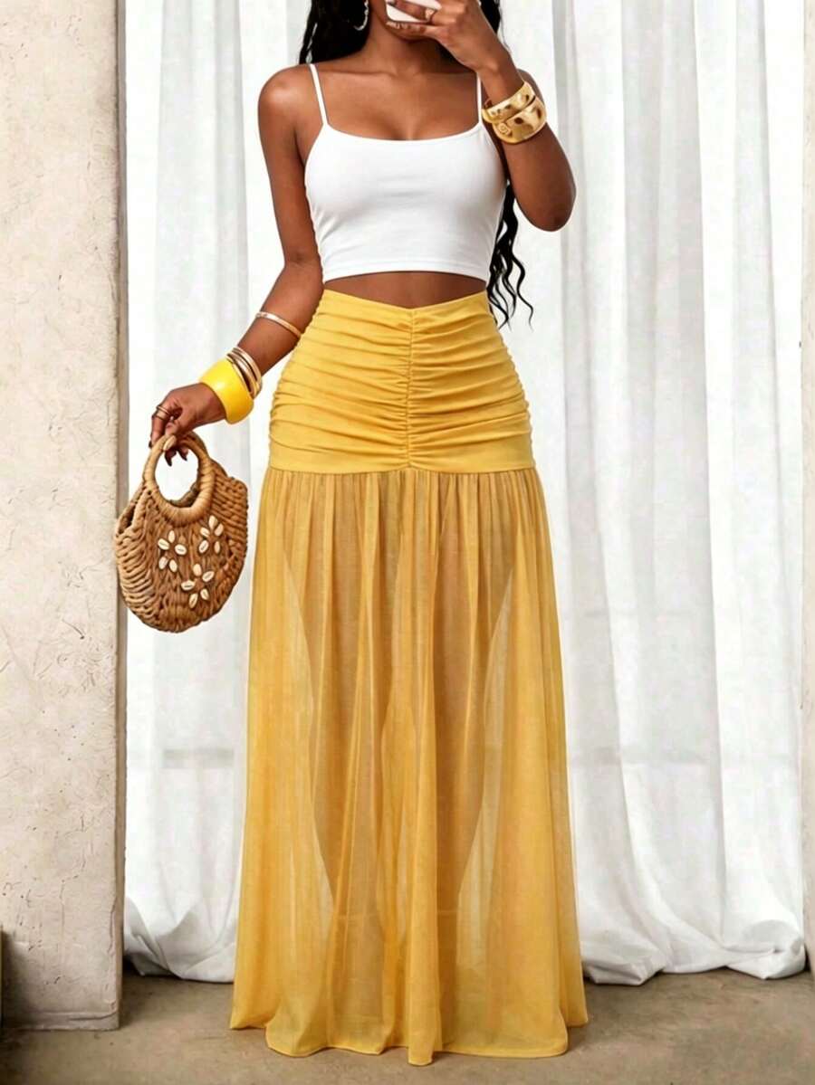VaVaBold Women's Solid Color Ruched High Waist Mesh Skirt For Vacation Beach Pastel Yellow Summer Sexy