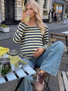 Lyckli Maternity Casual Striped Long Sleeve T-Shirt, Spring/Autumn Fall - Multicolor - View 2