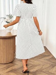 SHEIN Maternity V-Neck Pleated Polka Dot Casual Daily Wear Dress - White - View 8
