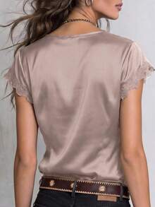 Solivie Women's Summer Elegant Satin Lace Trim Blouse - Camel - View 2
