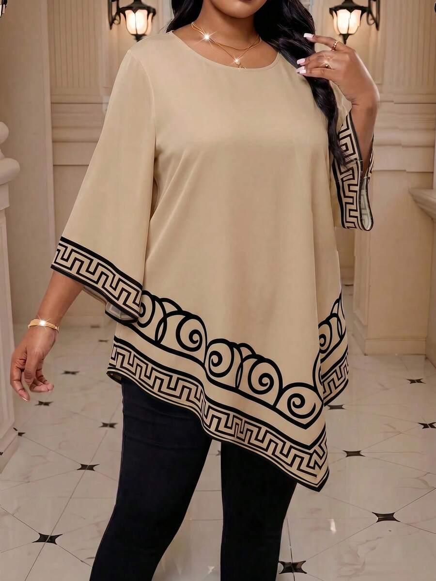 SHEIN Lady 大尺碼時尚幾何印花不對稱下擺襯衫 - 卡其色 - 查看 1
