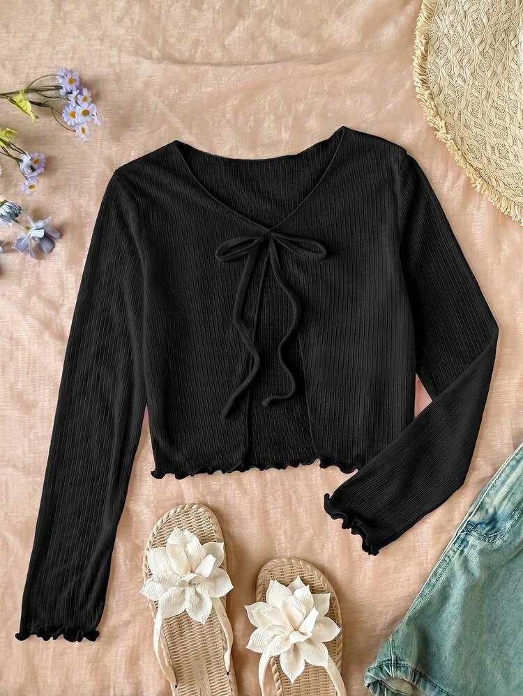 Firerie Kids Firerie Kids Tween Girl Casual Daily Knit Bow Tie Tie-Up Black Slim Fit Open Front Long Sleeve Bell Sleeve - Black - View 5