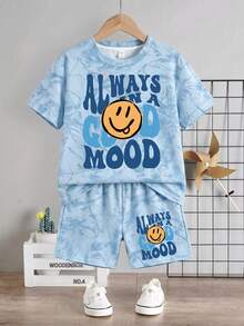 Young Boy Casual Minimalist T-Shirt Set, Classic Cool Handsome Pattern Print, Classic Bubble Letter Pattern Print, Classic Cute Face Pattern Print, Suitable For Spring And Summer - Multicolor - View 4