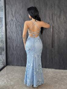 Vassilux 純黃色紋理提花露背綁帶修身洋裝，適合早午餐、婚禮賓客、雞尾酒會，夏季女款派對洋裝 - 淺藍色 - 查看 2