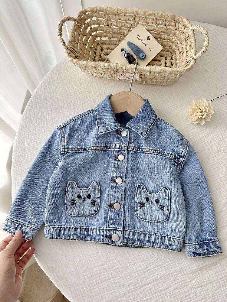 SHEIN Baby Girl Cute Cat Shaped Embroidered Pocket Blue Denim Loose Long Sleeve Jacket,Fall Clothes,For Baby Back To School Clothes,Toddler Jacket - Medium Wash - View 6