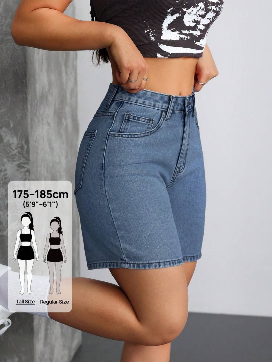 SHEIN Tall Y2K 中腰休閒水洗女款牛仔短褲,適合高個女性 - 深色水洗藍 - 查看 1