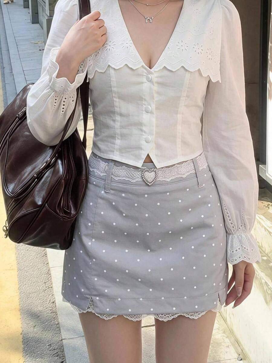 Sweetina Fitted Polka Dot Print Lace Trim Mini Skirt - Grey - View 1