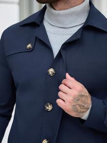 Manfinity Mode Men's Solid Color Single-Breasted Fashion Versatile Daily Casual Trench Coat Jacket - Navy Blue - View 4
