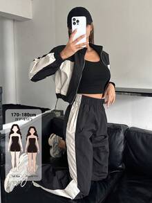 Dazy Tall Women's Colorblock Patchwork Short Jacket And Loose Long Pants Street Casual 2 Pieces Set Fall - Black - View 1