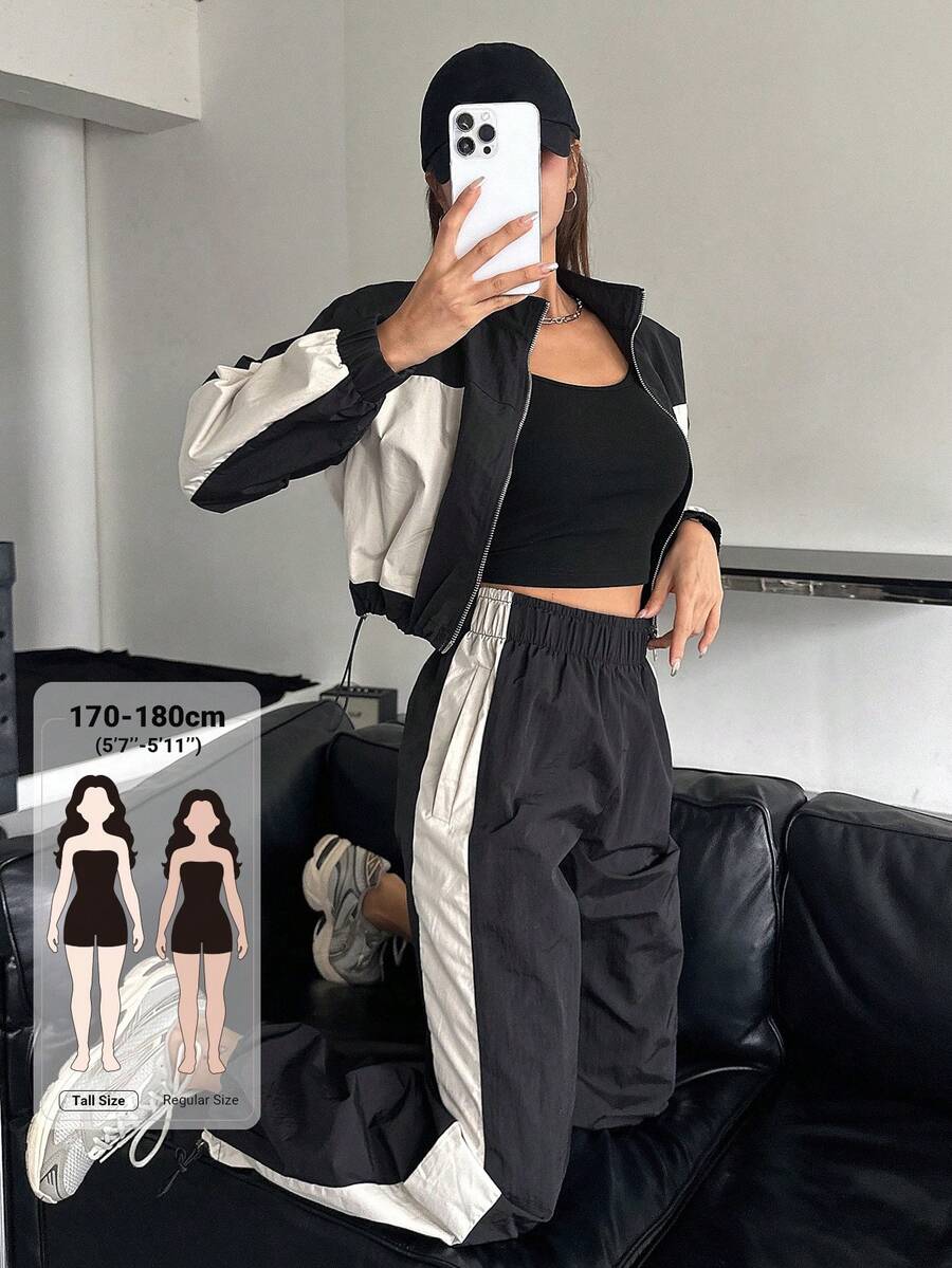 Dazy Tall Women's Colorblock Patchwork Short Jacket And Loose Long Pants Street Casual 2 Pieces Set Fall - Black - View 1