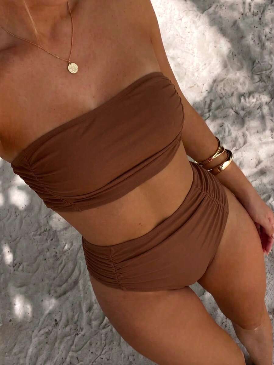 SHEIN Swim Women's Solid Color Bandeau Bikini Set With Double Side Ruched Details, Beach Summer Outfit - Coffee Brown - View 1