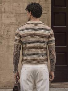 SERO LANO Men's Knit Jacquard Solid Color Textured Multi-Color Fabric Collar Cuff Ribbed Placket Apricot Waffle Knit Two-Button Black Button Polo Shirt - Multicolor - View 2