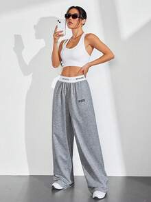 SHEIN Velisys 2PCS Women's Patchwork Letter Webbing Casual Sports Long Pants Gym Black And Gold Soft Summer - Multicolor - View 6