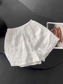 SHEIN New Women's Linen Elastic Waist Drawstring Straight Leg Wide Leg Casual White Loose Minimalist Plus Size 2-Piece Shorts Set - Multicolor - View 3