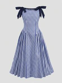 SHEIN LMoss Kids 女童休閒優雅時尚日常百搭紅白格紋圓領可拆式蝴蝶結無袖洋裝 - 藍色 - 查看 4