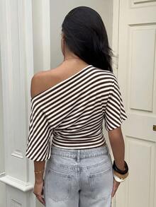 Aloruh Women's Asymmetrical Shoulder Loose Top With Ruched Waist, Simple Basic T-Shirt - Coffee Brown - View 2