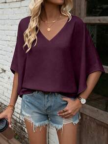 EMERY ROSE Casual Solid Color Batwing Sleeve Shirt, Summer Holiday Vacation Dark Purple - Purple - View 4