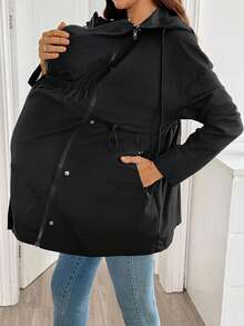SHEIN Maternity Solid Color Zip-Up Hooded 3-In-1 Jacket Autumn /Winter Casual Office Family Vacation Beach Black - Black - View 6