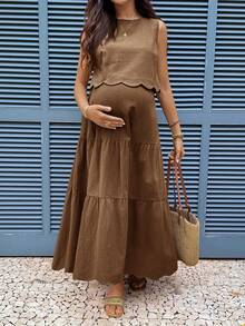 Boho Mama 孕婦度假休閒純色背心與裙子兩件套 - 棕色 - 查看 6